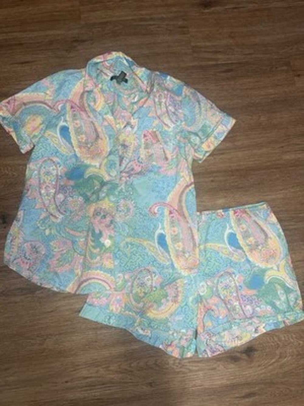 Lauren Ralph Lauren Pajama Short Set L Blue Paisley Short Sleeve Shorts Monogram